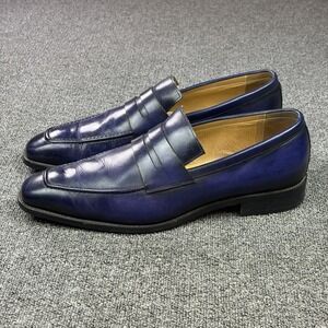 Maison Forte Seneca Navy Purple Leather Penny Loafers Mens US 13 EU 46 Shoes